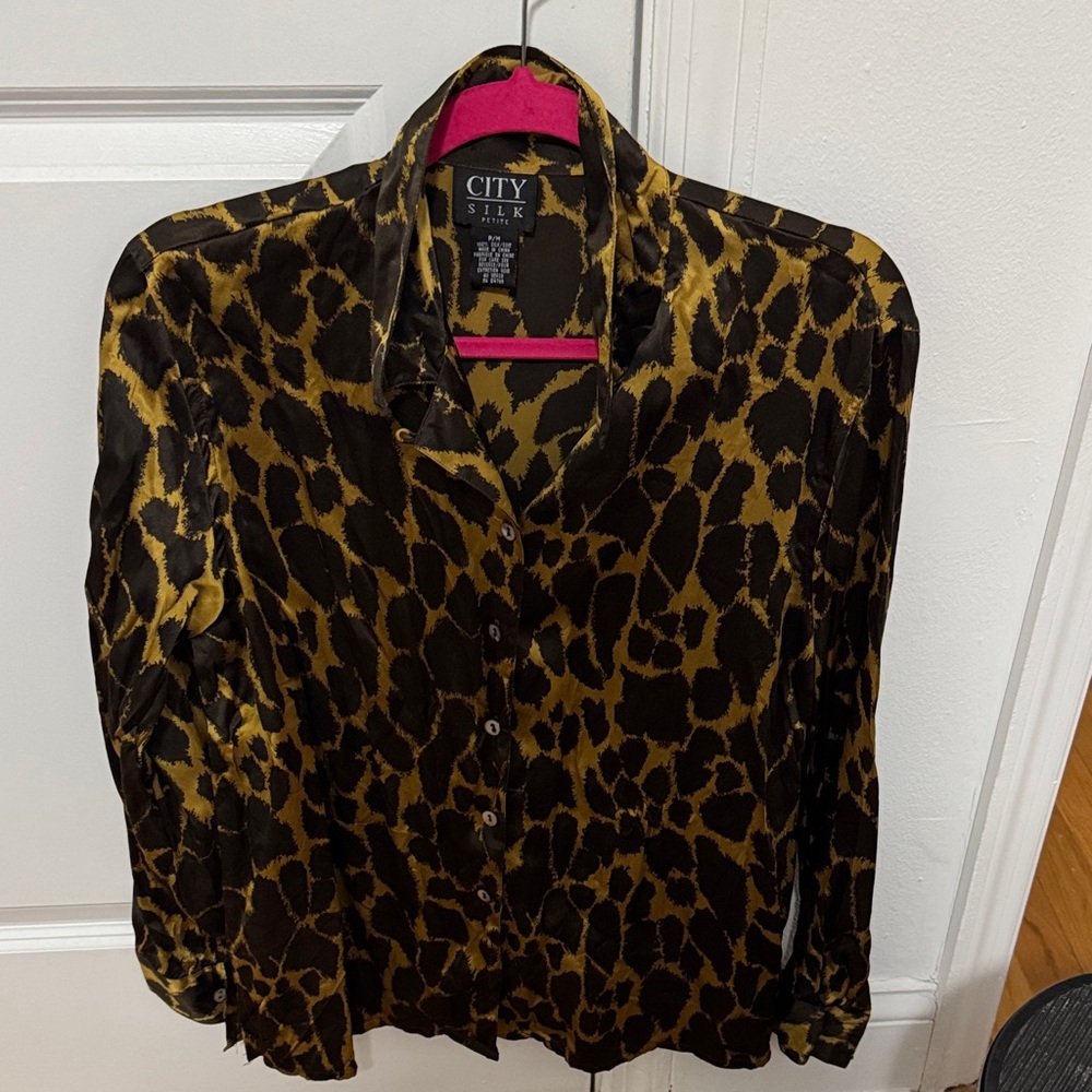 Women's Silk Leopard Print Button Down Shirt - Black and Gold